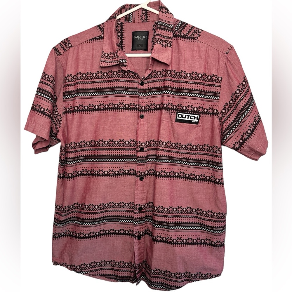 Dutch Bros Button Down Short Sleeve Shirt LARGE Red-Pink Aztec Hawks Bay RARE DB
